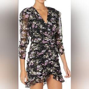 ASTR the Label XS Black Sheer Mesh Lined Purple Floral Rouched Mini Dress NWT